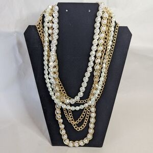 Target Gold Tone And Pearl Bead Layered Multistrand Necklace Adjustable Clasp